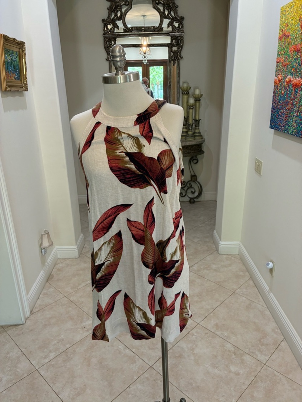 Cream Halter Mini Dress with Red Leaf Print